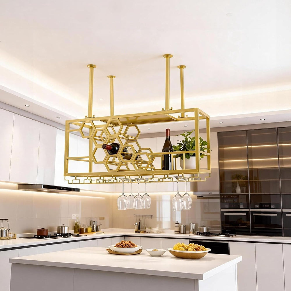 39" Ceiling Wine Rack Gold, Metal Hanging Bottle Rack with Guardrail | H...