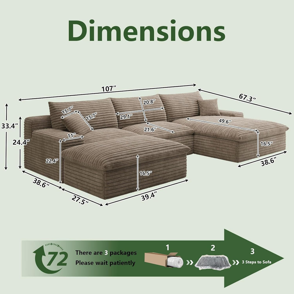 107" Cloud Couch Modular Sectional Sofa for Living Room, U-Shape Boneles...