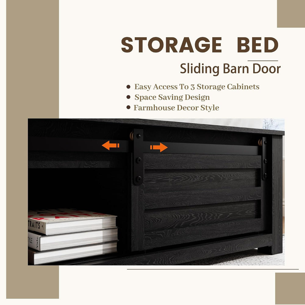 Wooden Queen Bed Frame with Headboard, Farmhouse Storage, Barn Door