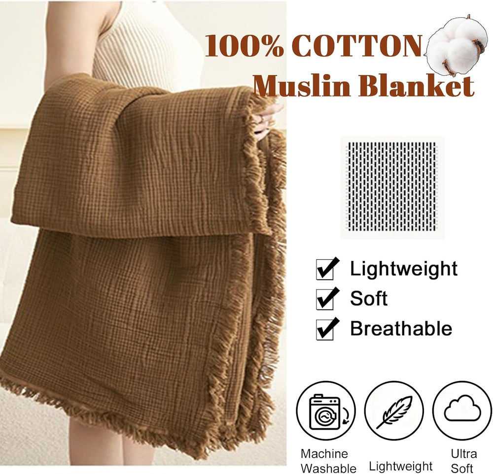 100% Cotton Muslin Throw Blanket with Fringes 50"x60", 4-Layer Cott...
