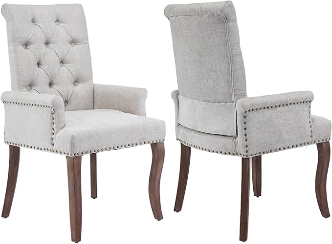 Upholstered Tufted Chenille Dining Chairs with Arms & Nailhead Trim – Sol...
