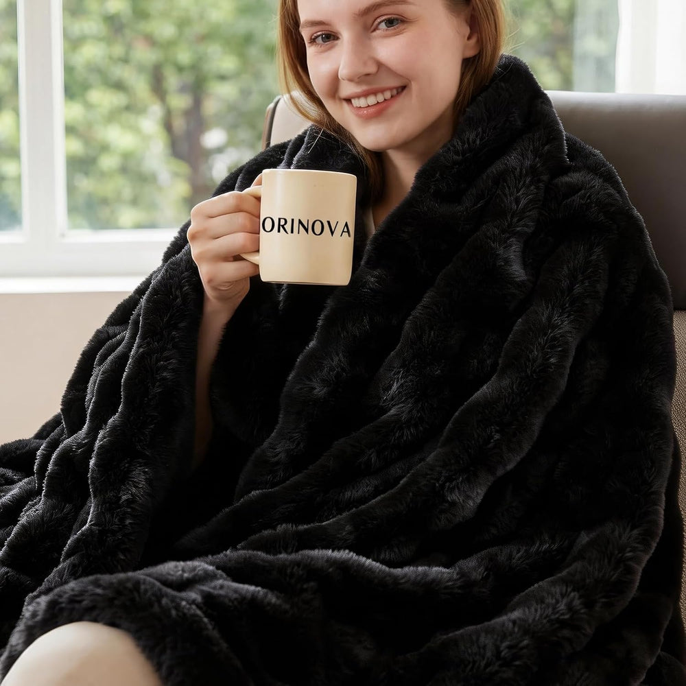 Black Fluffy Thick Fur Throw Blanket 50x60 for Bed Couch Office Chair Bunny S...