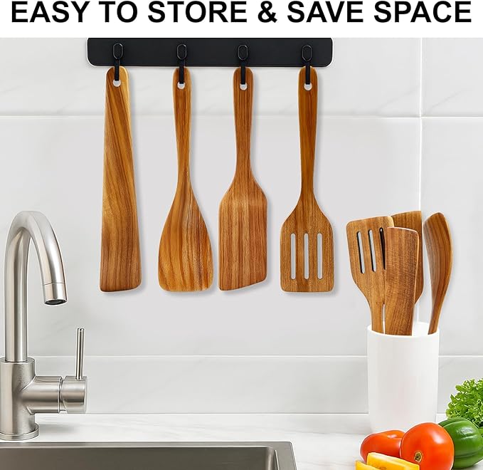 Best Acacia Wood Spatula for Cooking Non Toxic Wooden Kitchen Utensil Set Flat - Image 5