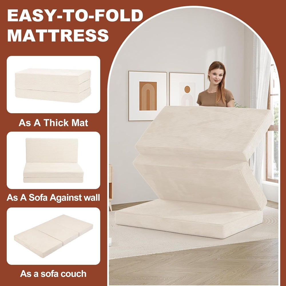 6-Inch Tri-Fold Foldable Mattress, Folding Sofa Bed with Removable Washable C...
