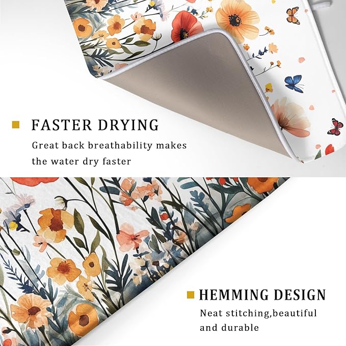 Poppy Flower Dish Drying Mat 18x24 Inch Floral Leaves Dish Drainer Protector - Image 3