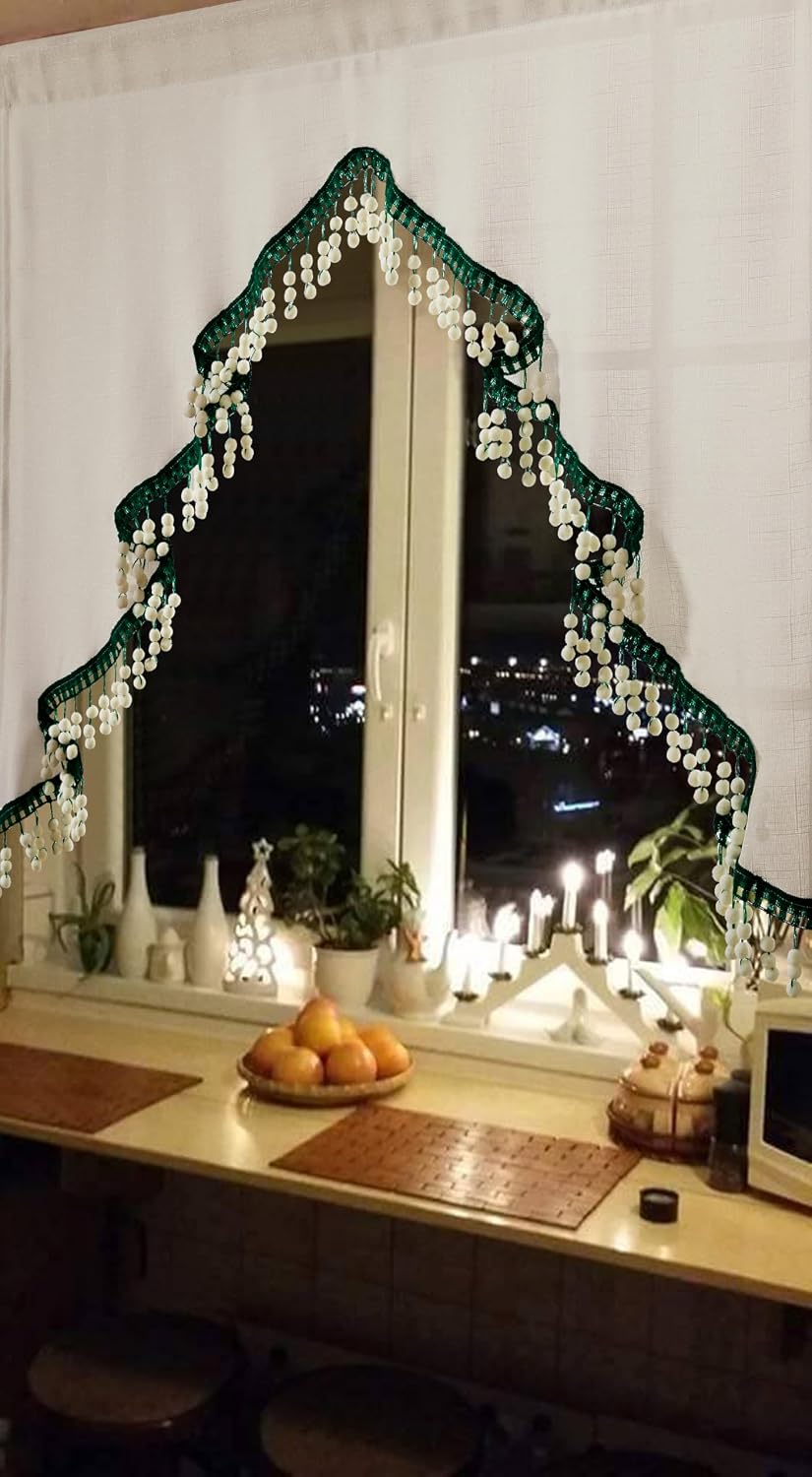 Estmy Boho Cute Christmas Tree Kitchen Curtain, White and Green, 47'W x 3...