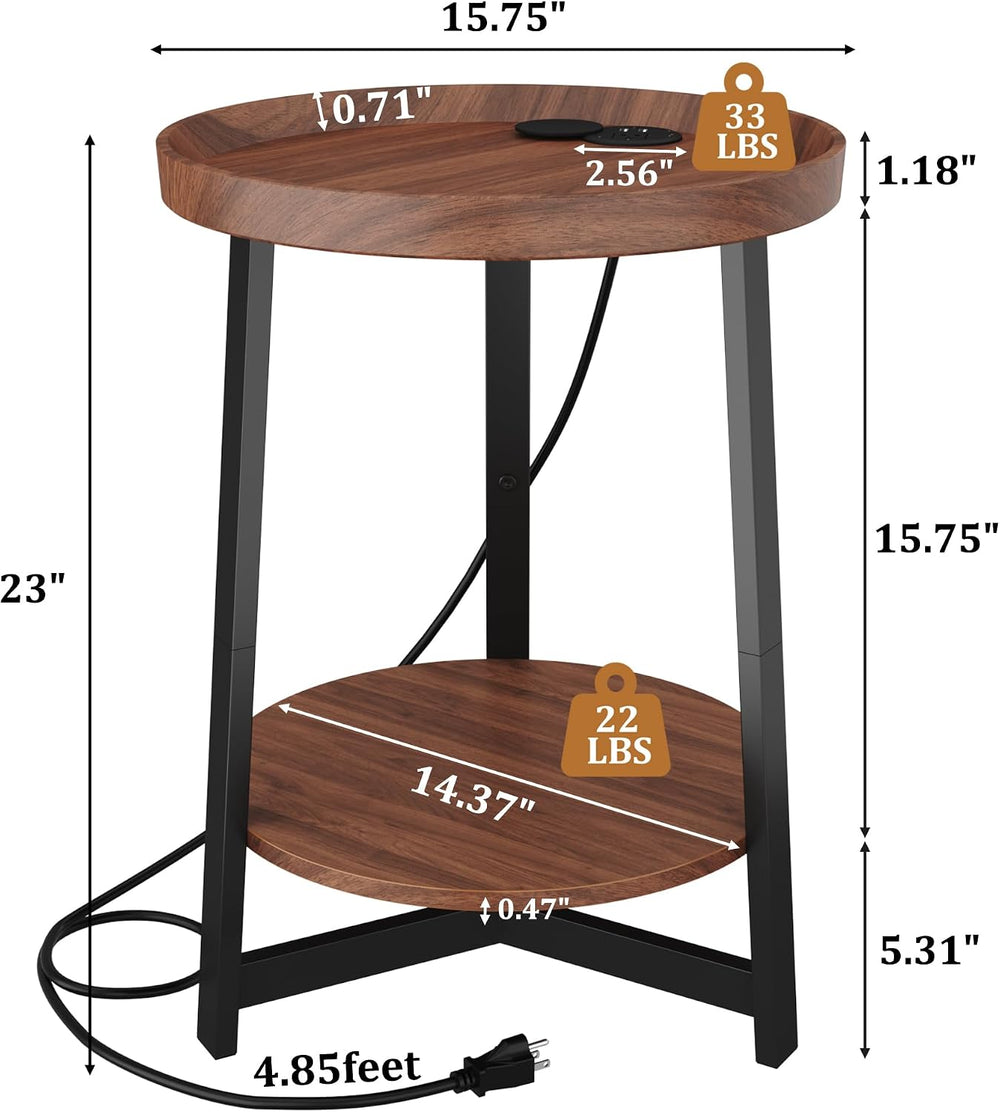Round Industrial Side Table with Charging Station,2-Tier Round End Table with...