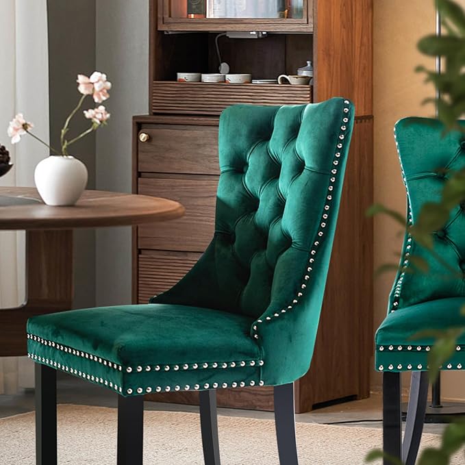 Velvet Upholstered Dining Chairs Set of 2, Modern Style Kitchen Side Chairs w...