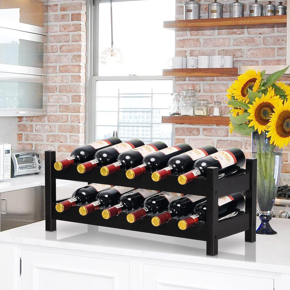COSTWAY 12 Bottles Wine Rack Countertop, Bamboo Wine Holder, Brown | 2-Tier Freestanding Wine Storage Shelf for Home, Kitchen, Bar, Pantry, Wine Cellar, Easy-Assembly (24.5L x 9.5W x 10H)