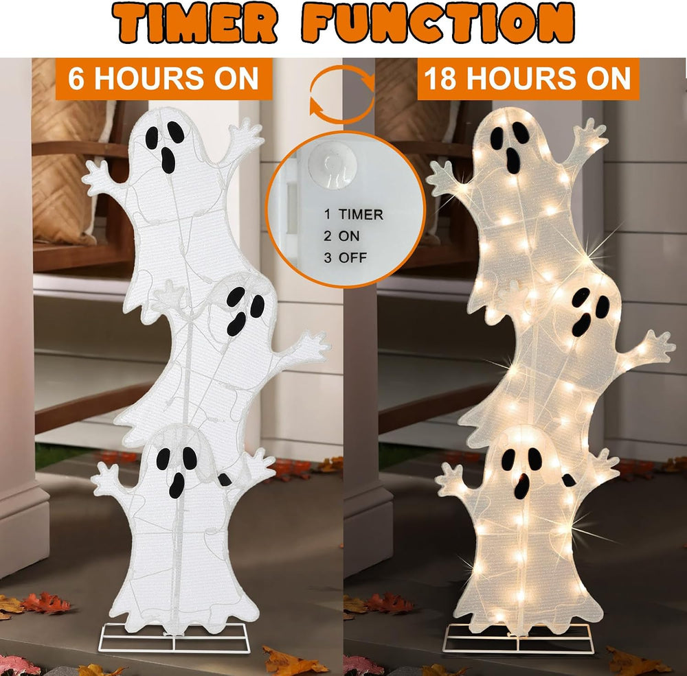 Halloween Lighted 3 Stacked Ghosts, 42’’ H Pre-Lit Lighted Ghosts with 50 War...