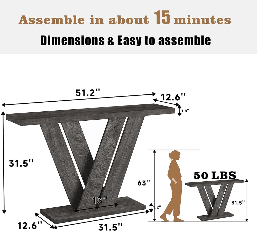 karlott 51" Console Table, V-Shaped Entryway Table, Wood Sofa Table Behi...
