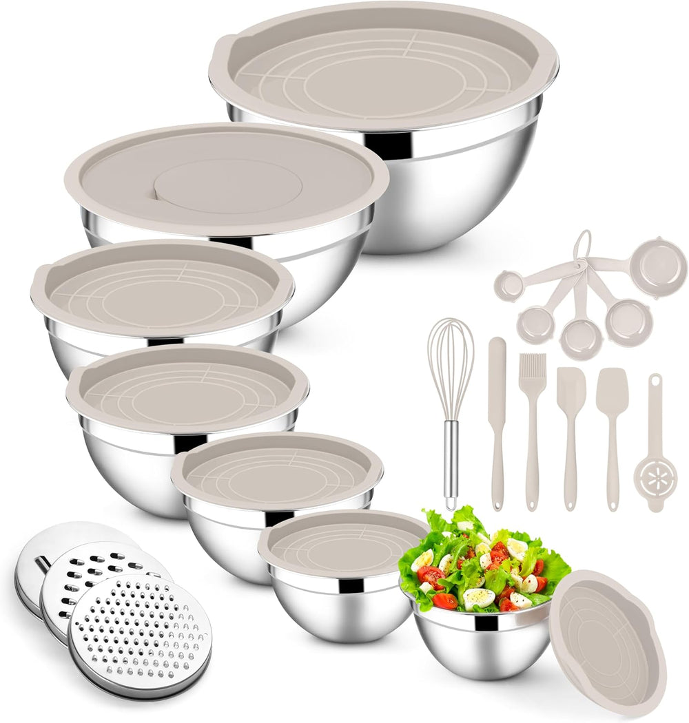 E-far Mixing Bowls with Lids Set, Size 7, Nesting Design & Khaki Airtight...