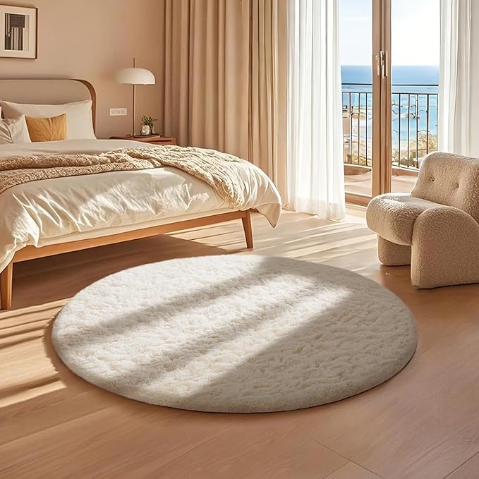 Ophanie Round Rug 2Ft Ivory Circle Area Rug, Fluffy Fuzzy Bedroom Carpet - Image 5