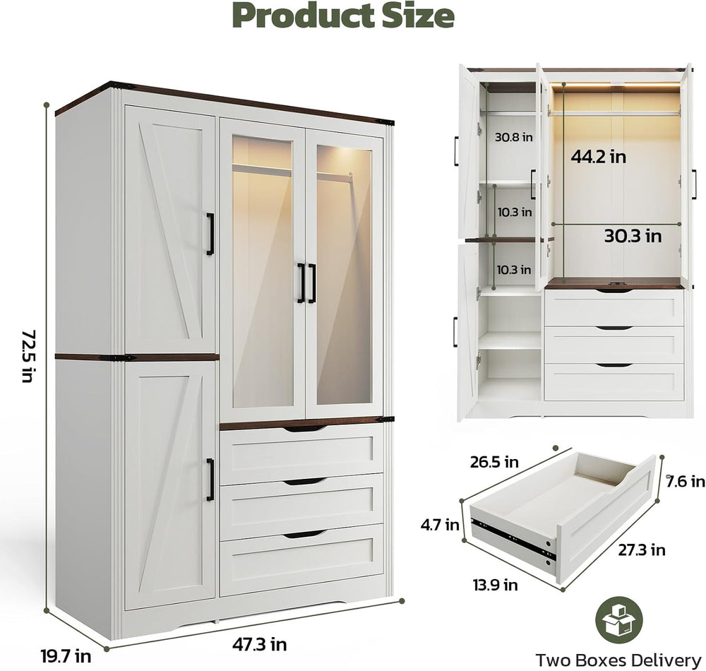 Concho 73'' Wood Farmhouse 4 Doors Armoire Wardrobe Closet with LED L...