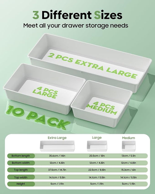 10 Pack Large Size Plastic Drawer Organizers Set, 3 Sizes Desk Drawer Organizer - Image 2