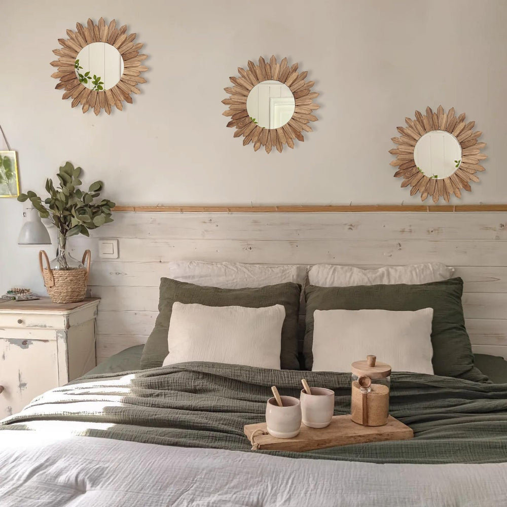 LOSOUR Boho Wall Decor Sunburst Mirror 3 Pack Rustic Round Wood Mirror 12 inc...