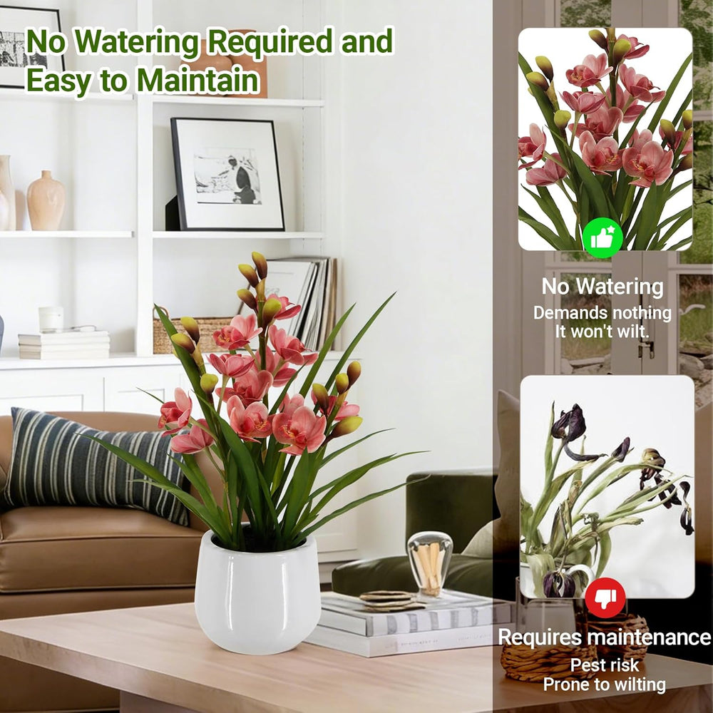 Faux Orchid Plant 19" Tall, Realistic Touch Leaves, Potted Cymbidium Art...