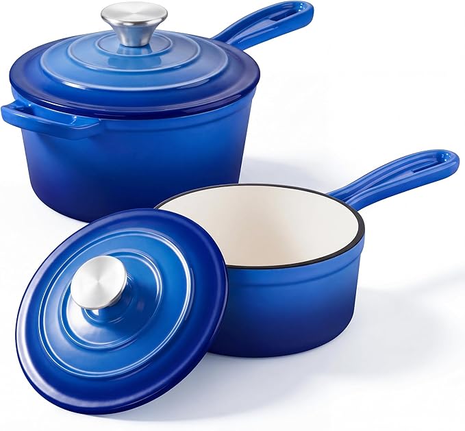 2 Pcs Enameled Sauce Pan with Lid, Leonyo 1 Qt & 2 Qt Cast Iron Saucepan Set by Leonyo