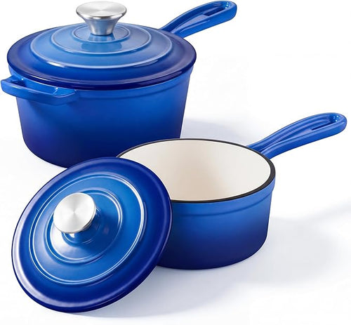 2 Pcs Enameled Sauce Pan with Lid, Leonyo 1 Qt & 2 Qt Cast Iron Saucepan Set by Leonyo