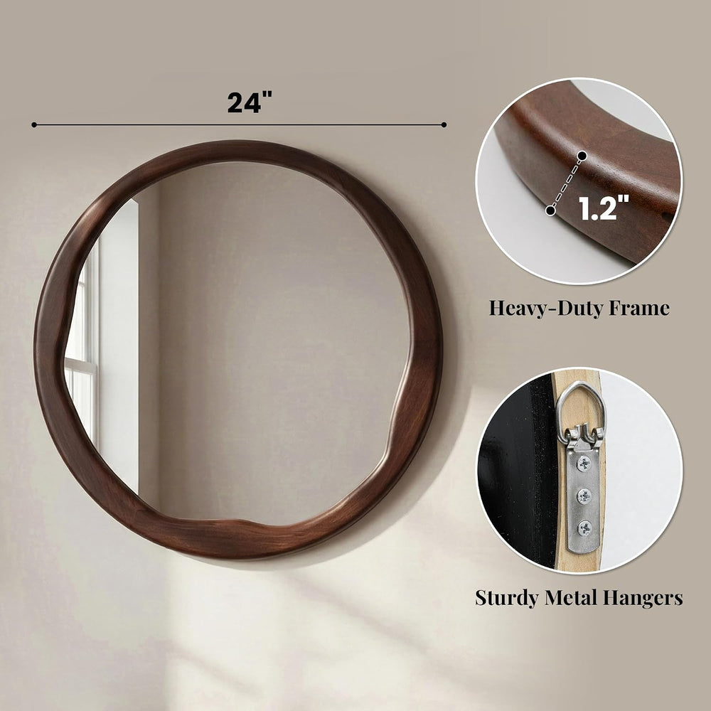 24 Inch Dark Walnut Round Wood Bathroom Mirror, Wavy Inner Edge