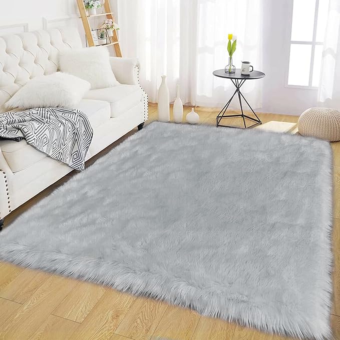 Latepis Grey Rugs for Bedroom Area 4x6 Gray Faux Sheepskin Fur Rug Fluffy - Image 7