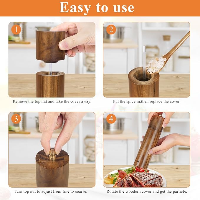 Wooden Salt and Pepper Grinder Set, 8 Inch Manual Salt and Pepper Mill - Image 6