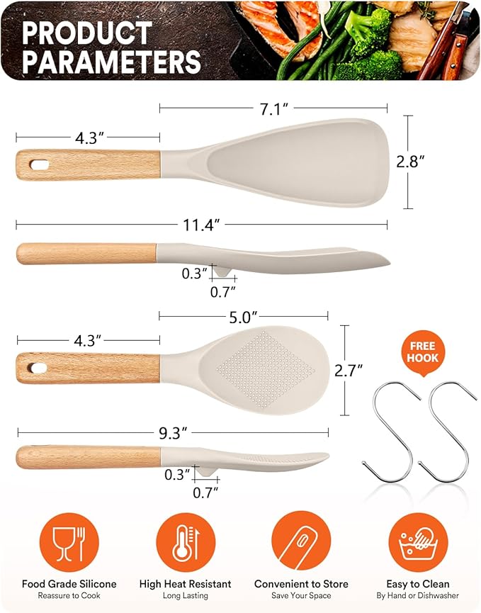 Cooking Spoon and Rice Scooper for Nonstick Cookwares, Wood Handle Spoon for - Image 2