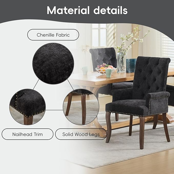 Upholstered Tufted Chenille Dining Chairs with Arms & Nailhead Trim – Sol...
