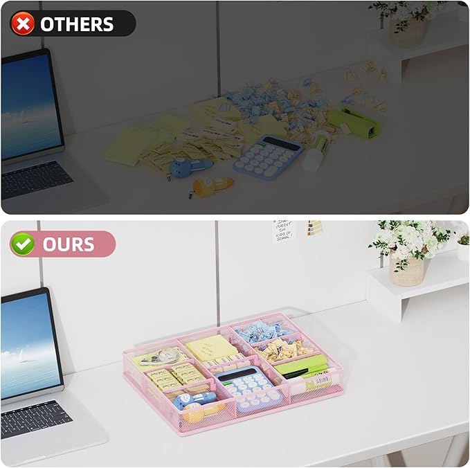 Marbrasse Pink Desk Drawer Organizer, Metal Mesh Drawer Organizer Tray - Image 6