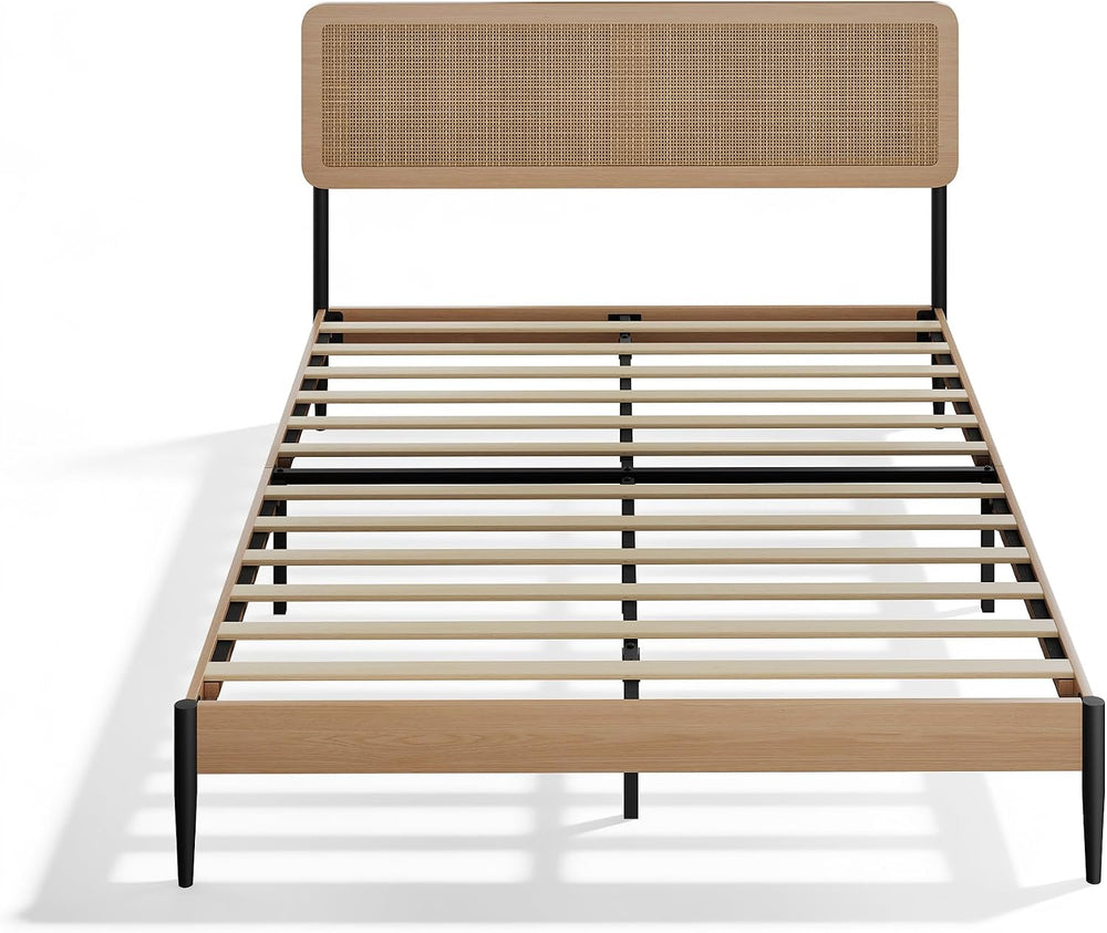 Queen Rattan Bed Frame, Woven Headboard, Wood Platform, No Box Spring