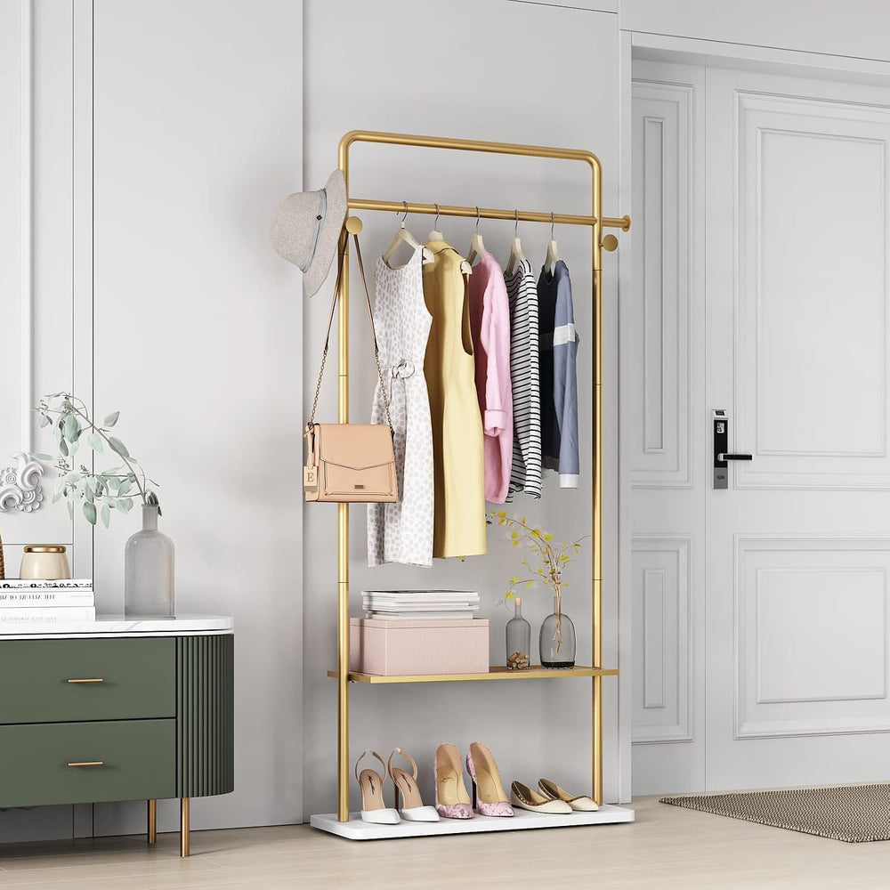 TIEOU Gold Coat Racks with Shelf, Heavy Duty Gold Clothing Racks for Boutique...