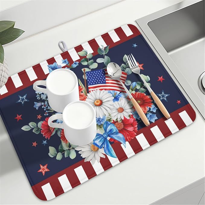 4th of July Dish Drying Mat for Kitchen Counter Patriotic Red Blue and White - Image 8