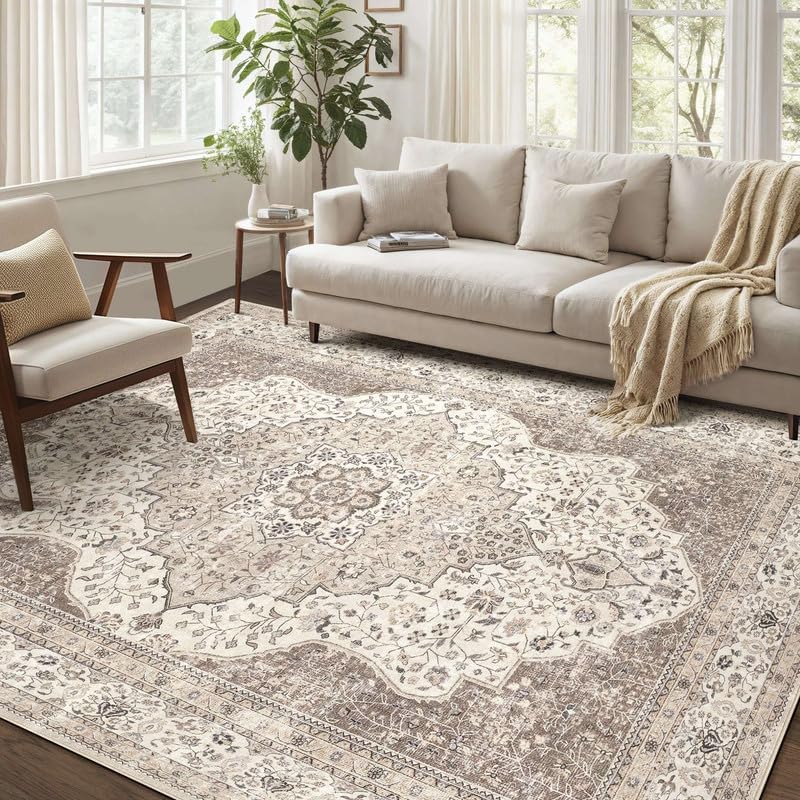 Vintage 9x12 Washable Area Rugs for Living Room, Non Slip, Brown