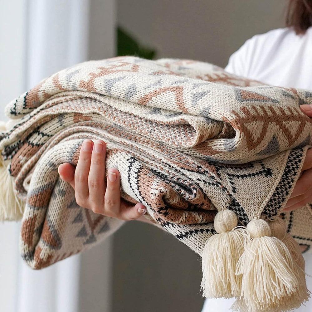 Boho Throw Blanket, Knitted Brown Tassel Throw Blankets, Soft Lightweight Vin...