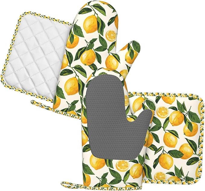 Oven Mitts and Pot Holders Set, Lemon Fruit Watercolor Silicone Kitchen - Image 2