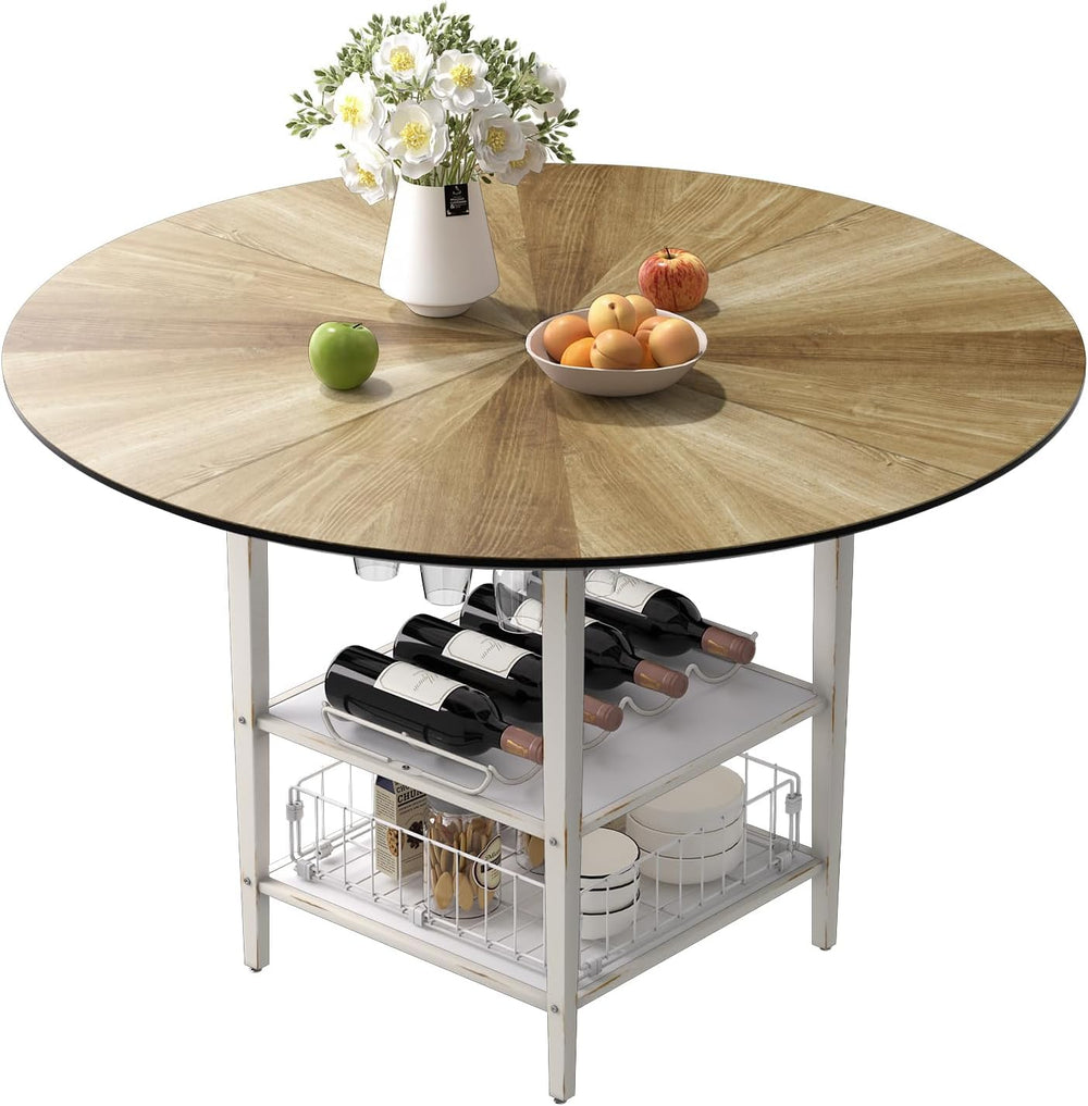 VFK 47 Inch Round Dining Table for 4 with 2-Tier Storage Shelves, Ideal for K...