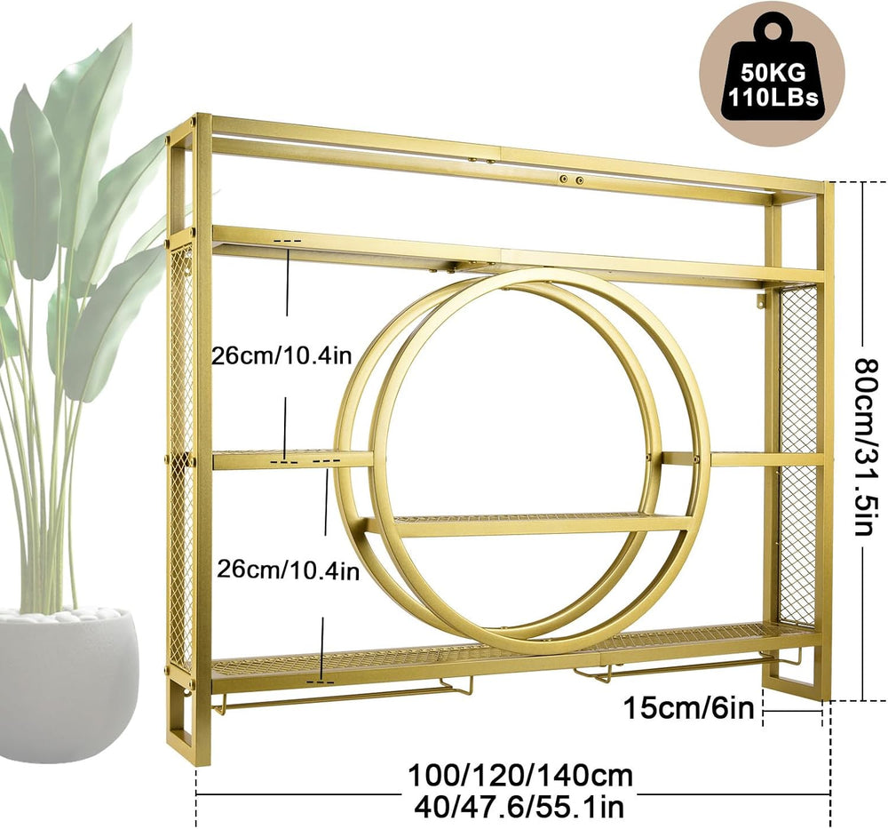 39in Wine Rack Wall Mounted, 3-Tier Metal Bar Shelves with Glass Holder | Mod...