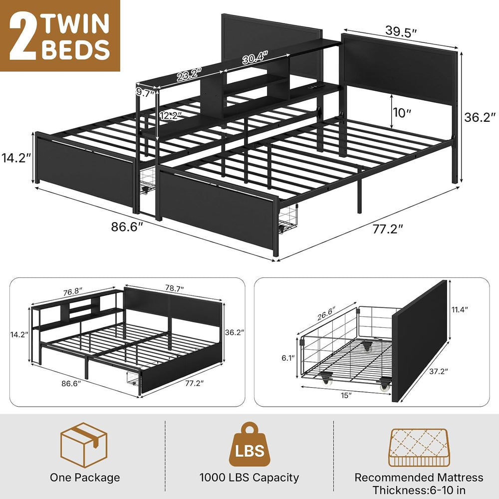 Zevemomo 2 Twin Bed Frames w/Storage Drawers, Wooden Headboard, Bookcase