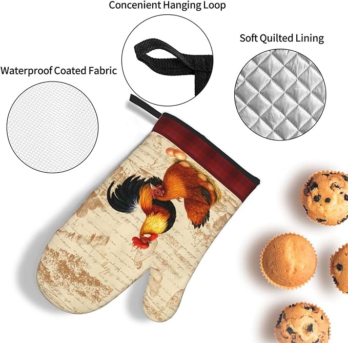 Retro Rustic Pot Holders and Oven Mitts Set of 3, Rooster Chicken Oven Gloves - Image 5