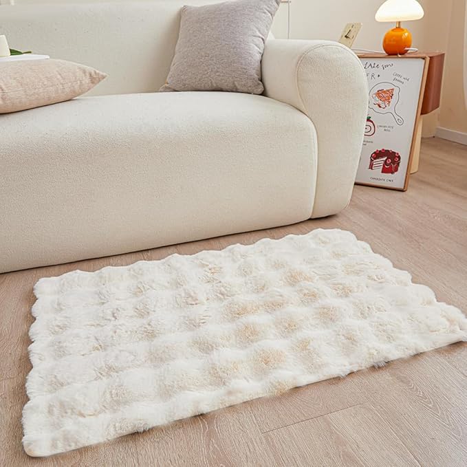 Creamy White Rabbit Plush Rug 2'x3', Fluffy Faux Fur Shaggy Area Rug by CHOVY