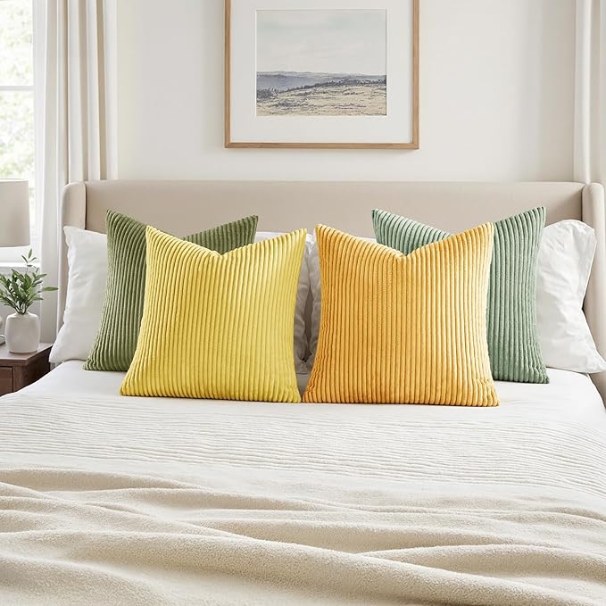 MIULEE Boho Farmhouse Yellow Green Throw Pillow Covers 18x18 Inch Set of 4 - Image 4