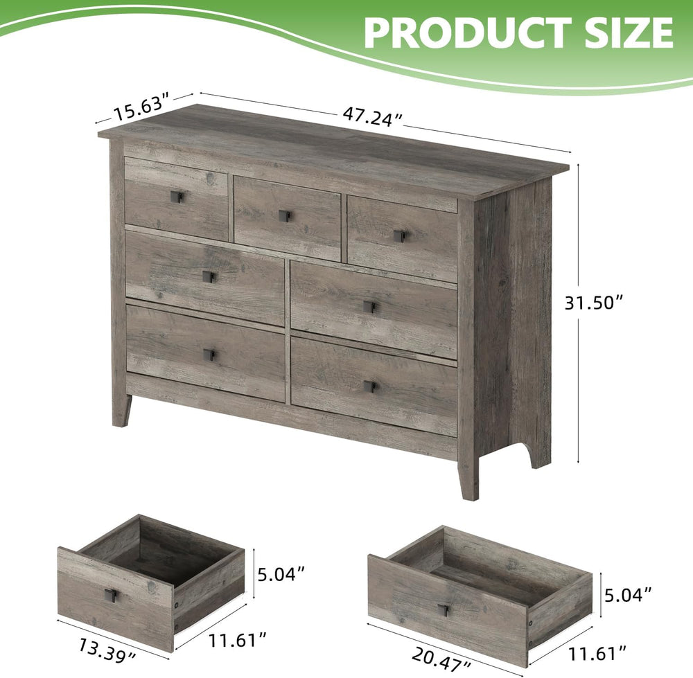 Vikiullf 7 Drawer Dresser - Wooden Bedroom Dressers, Grey Storage Drawers Cab...