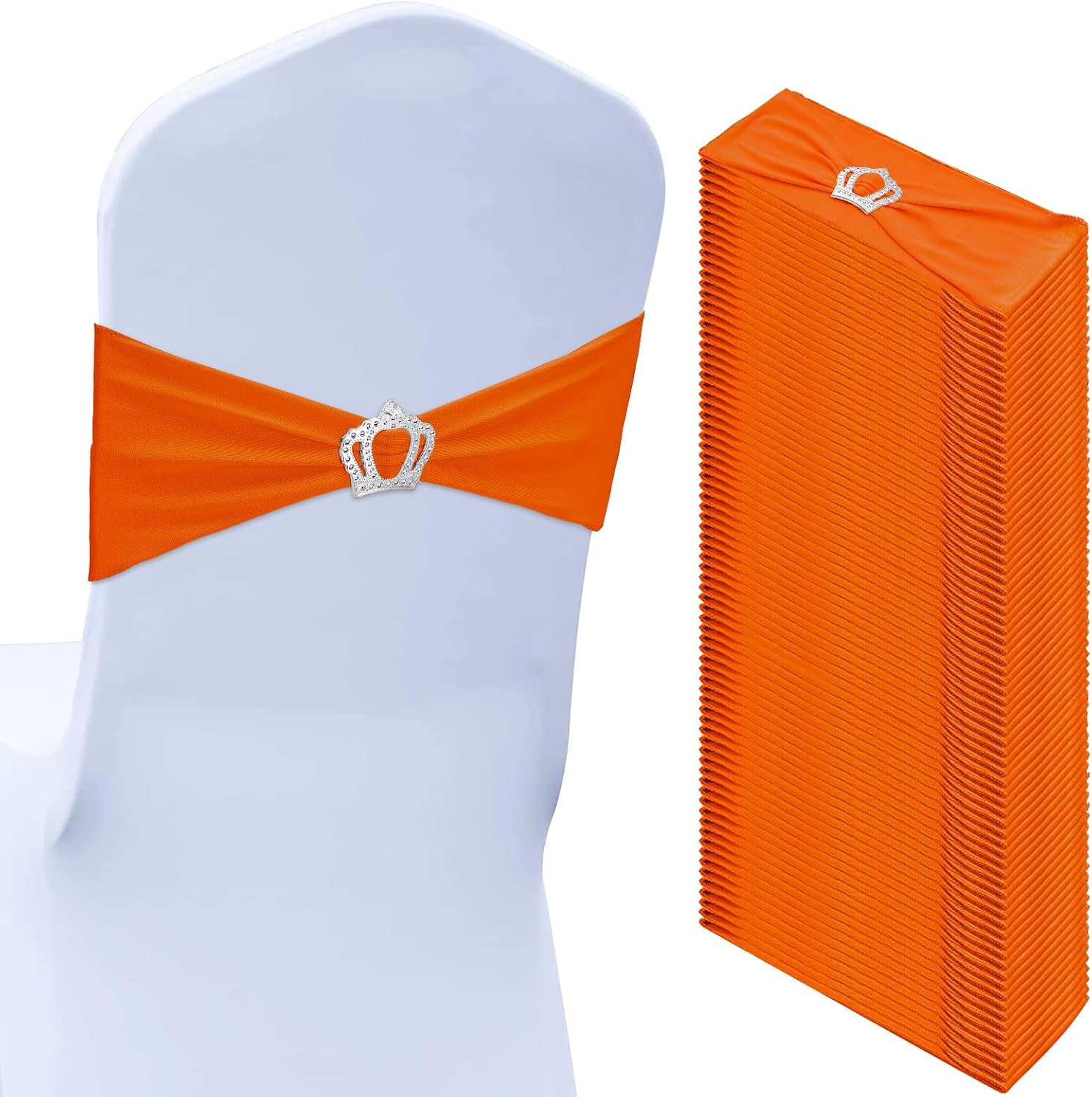 50 Pcs Stretch Chair Sashes with Crown Chair Sashes with Buckle Slider Wedding Elastic Cover for Party Bridal Baby Shower Ceremony Reception Banquet(Orange)