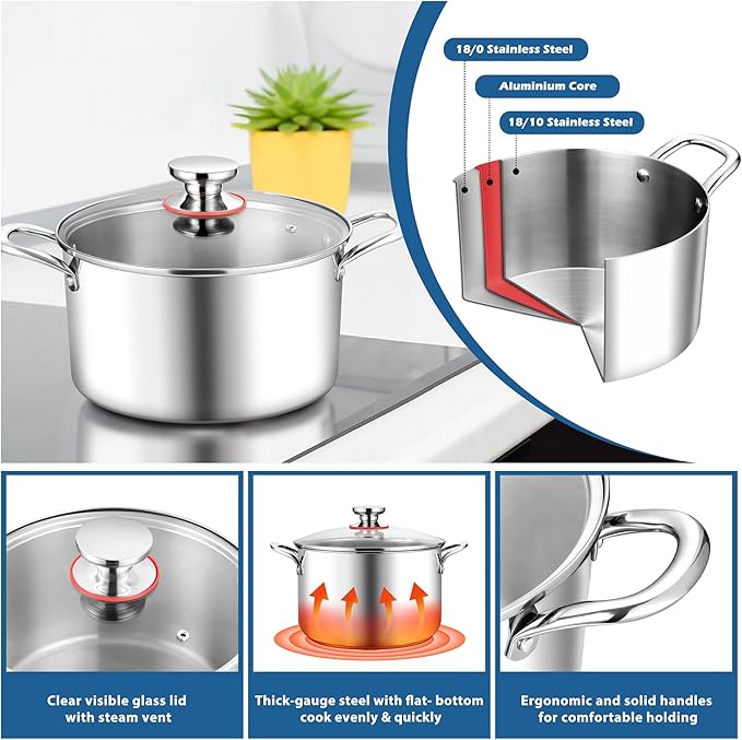 E-far 6 Quart Stock Pot, Tri-Ply Stainless Steel Cooking Pot