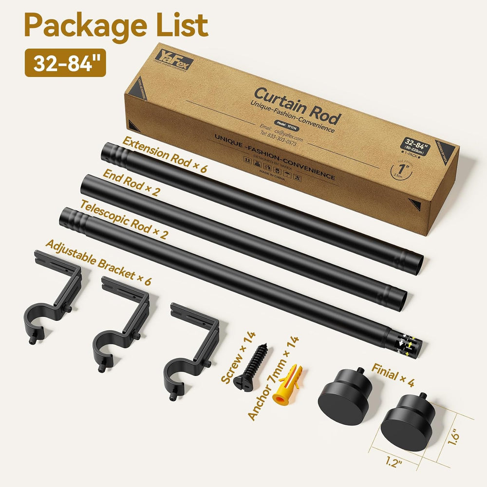 YaFex Curtain Rods 2 Pack 32-84 Inch, Heavy Duty 1 Inch Curtain Rod, Black Lo...