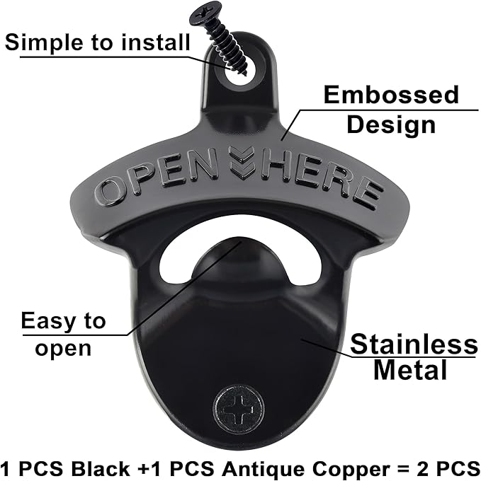 Old Fashion Bottle Opener Wall Mounted Stainless OPEN HERE Black Screw in Wall - Image 2