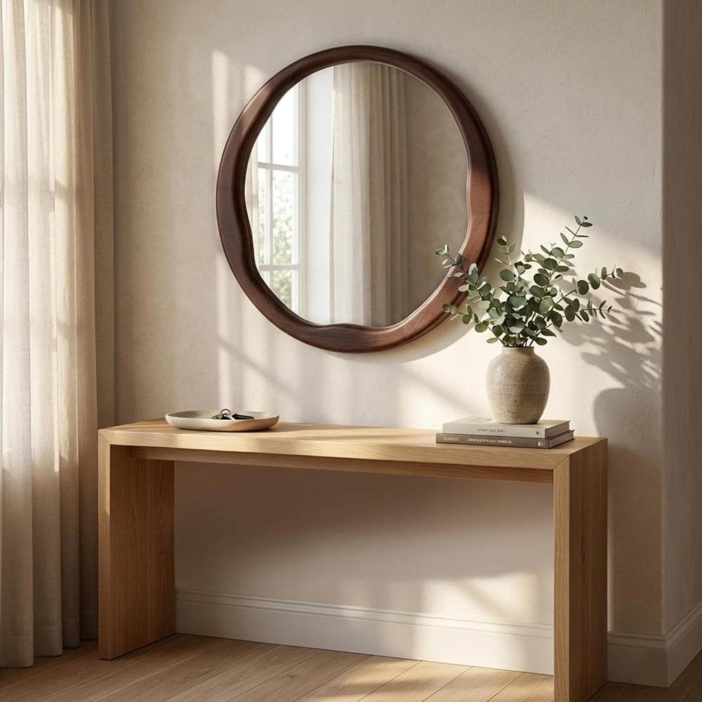 24 Inch Dark Walnut Round Wood Bathroom Mirror, Wavy Inner Edge