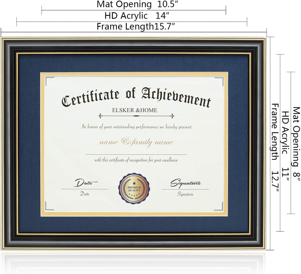 ELSKER&HOME 8.5x11 Diploma Frame with Navy Mat,Real Black Wood