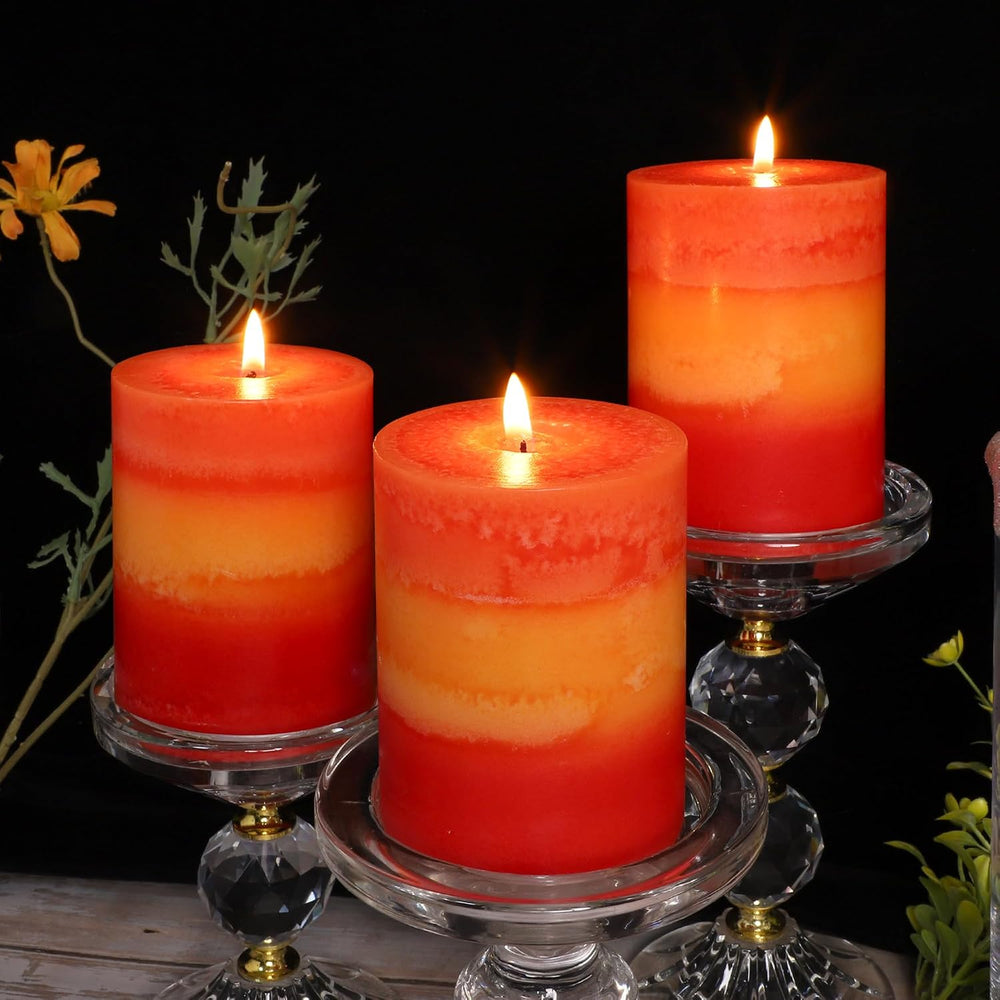3x4 Inch Pillar Candles 3 Pack Rustic Orange Handmade Layered Clean Burning P...