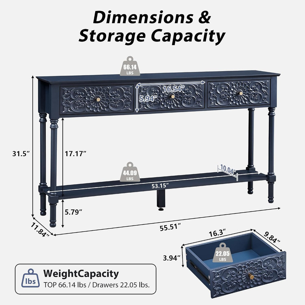 weselon 55.5" Carved Console Table with 3 Drawers, 2-Tier Sofa Table wit...